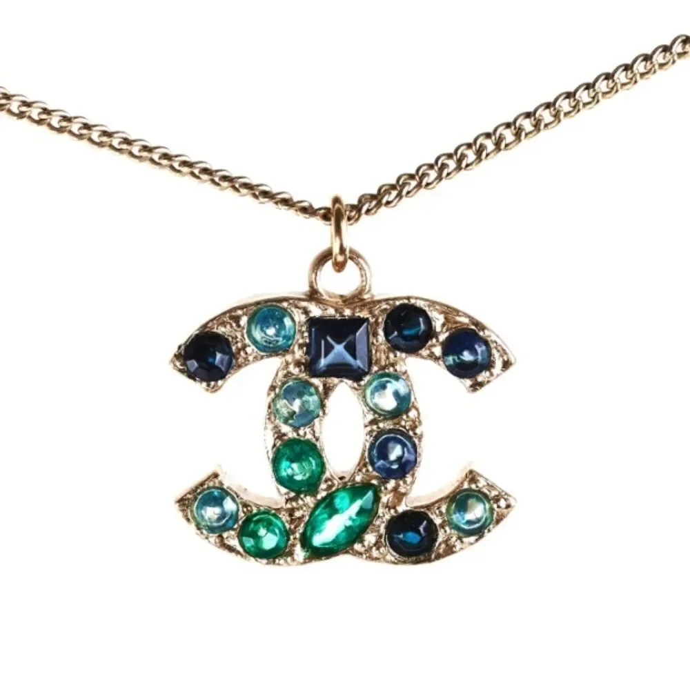 Chanel Necklace, Emerald crystal stones, CC, Gold Necklace, Coco Marked